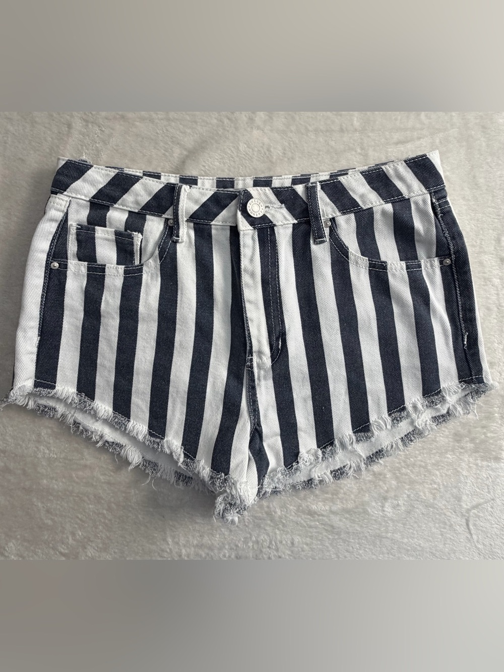 refuge Striped Navy and White Denim Frayed Hem High Rise Cotton Shorts
